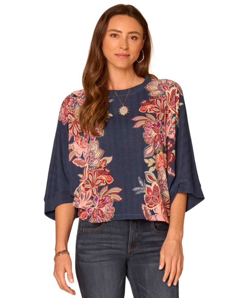 Petite Floral 3/4-Length Dolman Scoop-Neck Blouse