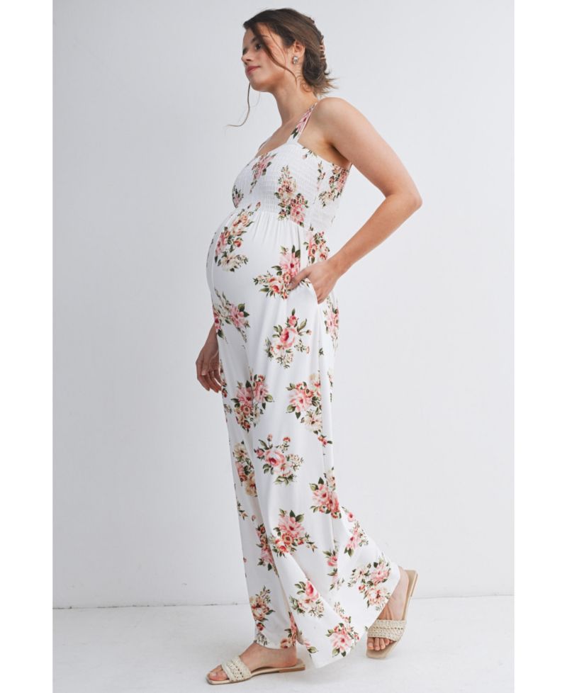 Maternity Floral Smocked Square Neck Wide Leg Jumpsuit with Pockets