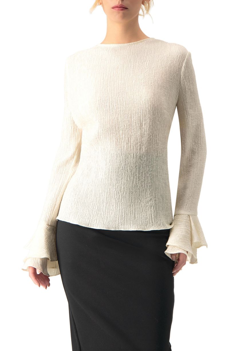 Women's Long Sleeve Ruffled Cuff Textured Blouse