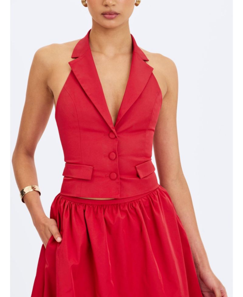 Women's Ursella Crimson Halter Single-Breasted Lapel Top