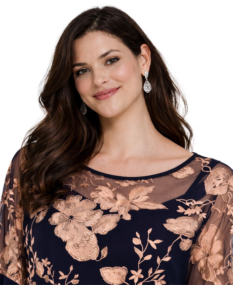 Petite Floral Embroidered Poncho Top and Pants, 2-Piece Set