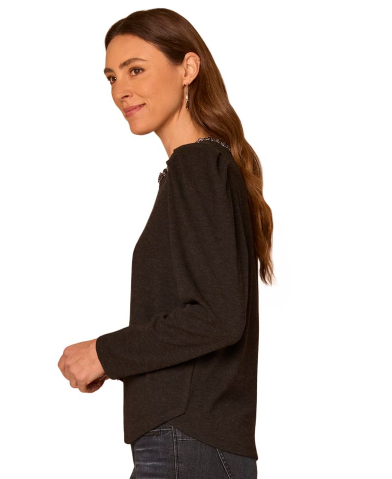 Petite Long-Sleeve Rhinestone Scoop-Neck Blouse