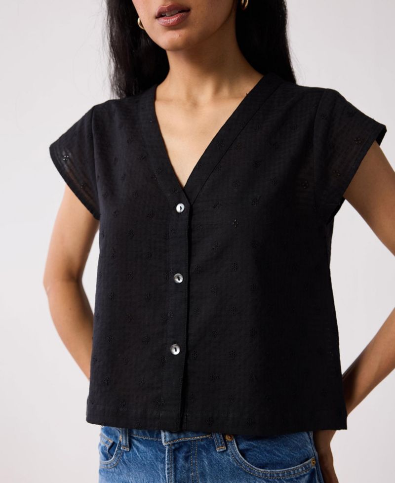 Women's V-Neck Embroidered Top with Front Buttons