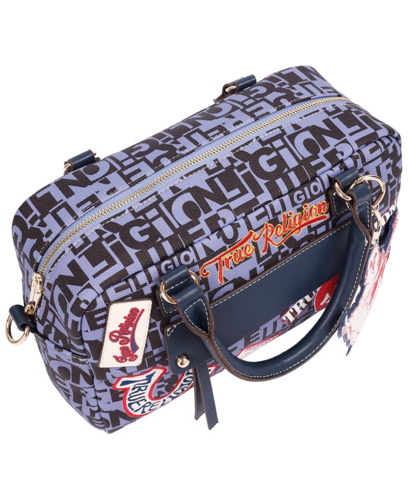 Women's Multi Patch Graphic Satchel Bag with Detachable Guitar Buddha Charm - Convertible Crossbody Handbag