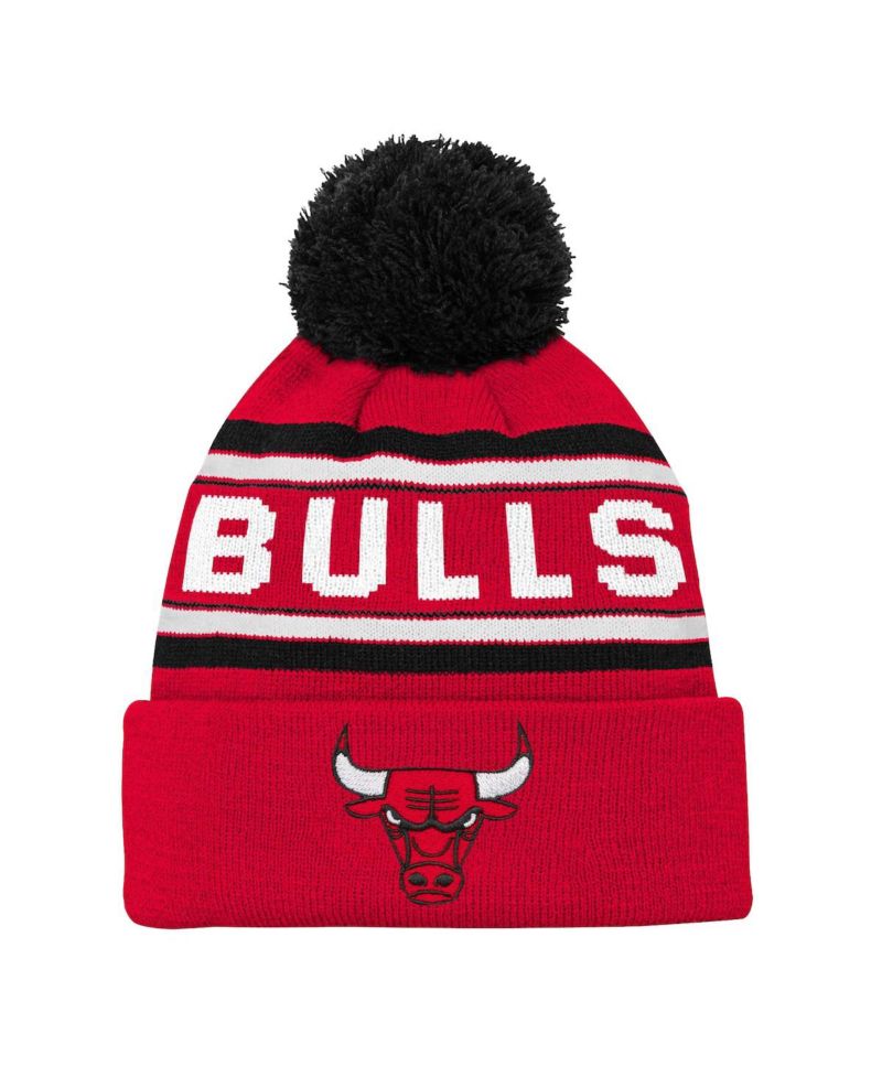 Big Boys and Girls Red Chicago Bulls Backboard Jacquard Cuffed Knit Hat with Pom