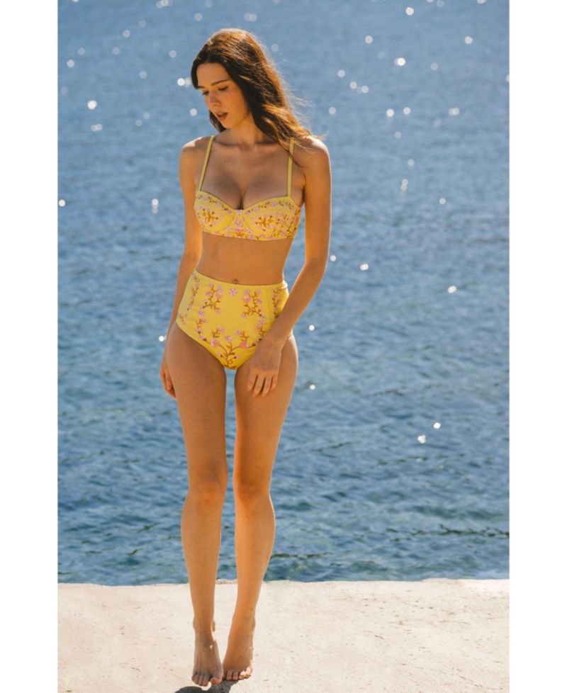 Women's Yellow Bloom High Waisted Bikini Bottom