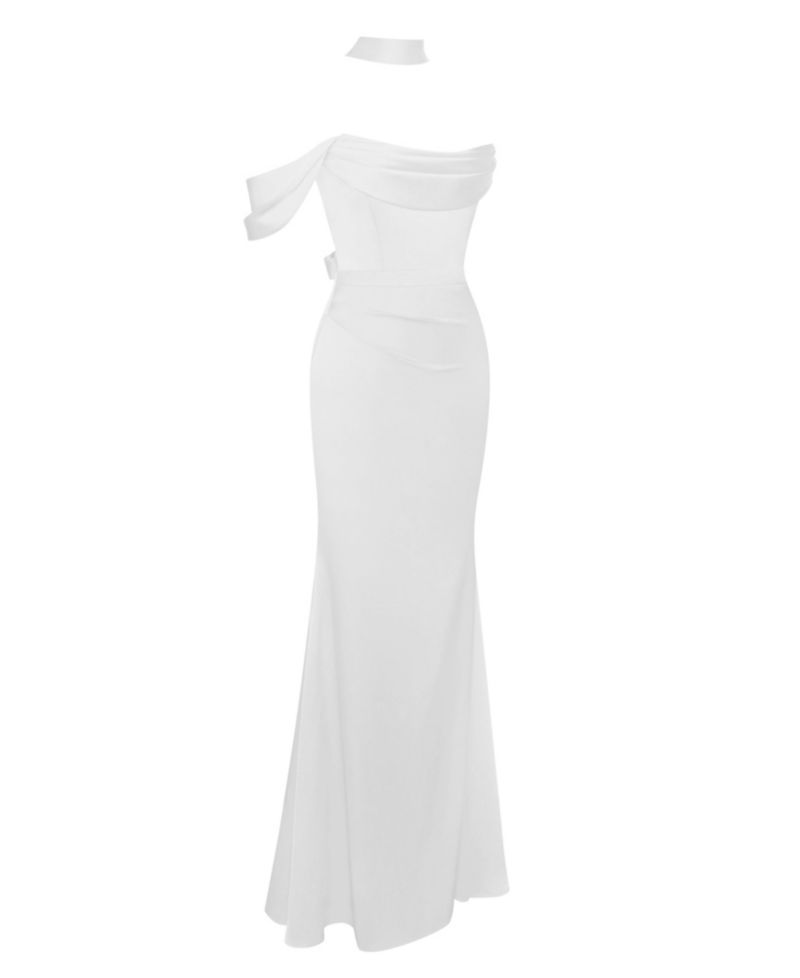 Women Ivona White Halter Neck Double Duchess Satin Gown