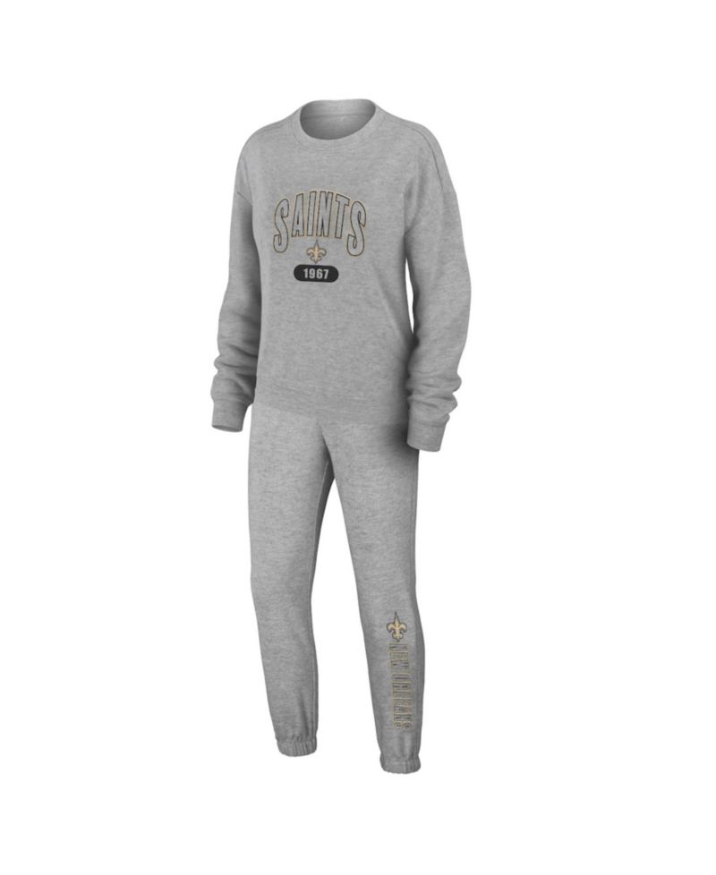 Women's 2-Piece Heather Gray New Orleans Saints Plus Size Knitted Tri-Blend Long Sleeve T-Shirt & Pants Lounge Set