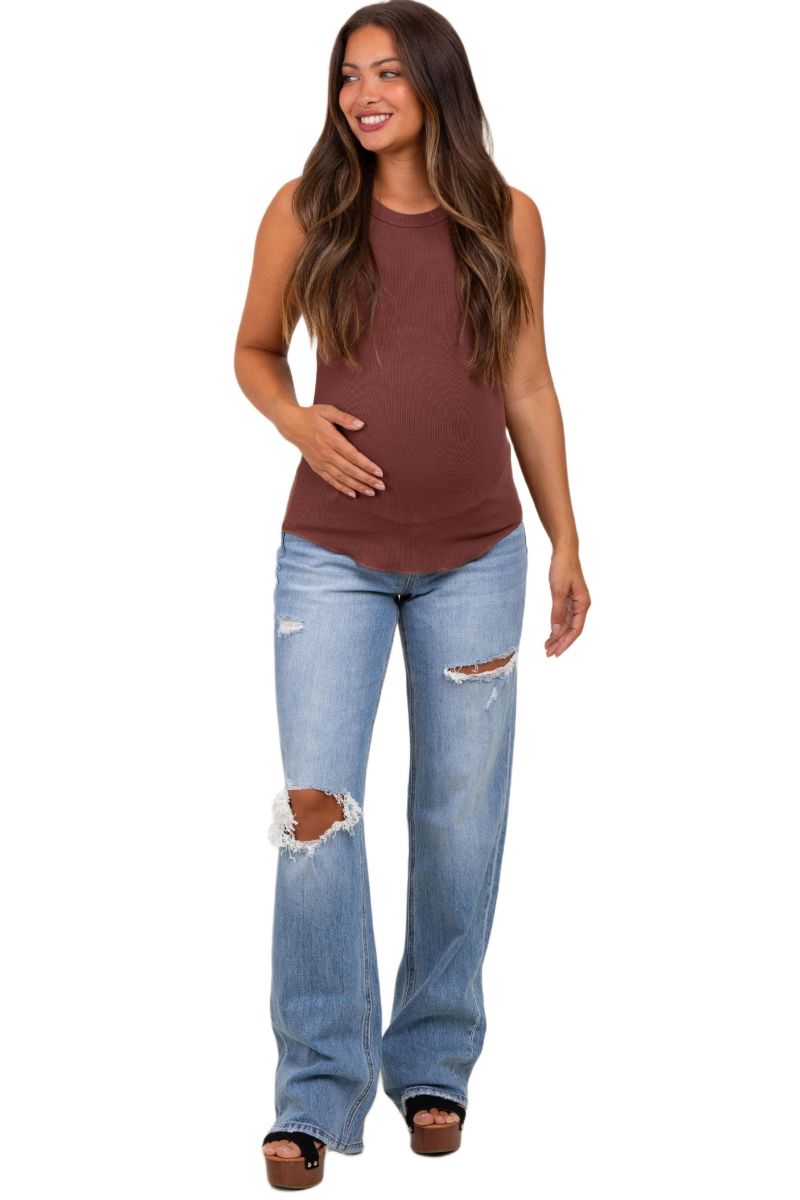 Women's Light Blue Distressed Open Knee Straight Leg Jeans