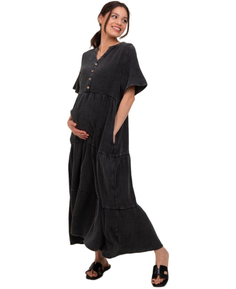 Women's Black Button Front Tiered Maxi Dress