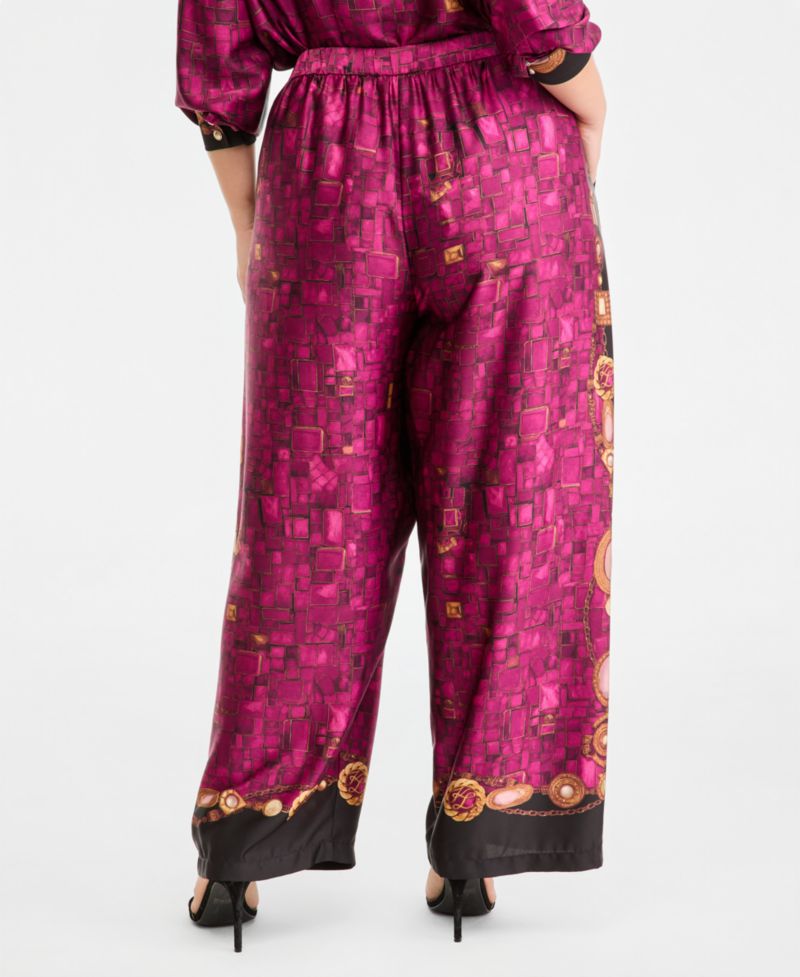 Plus Size Gemstone Pull-On Wide-Leg Satin Pants