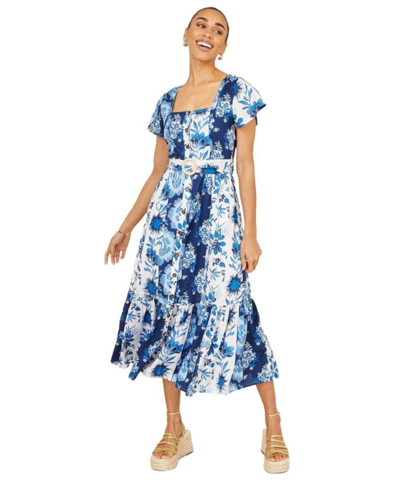 Women's Floral Belted Midi Dress