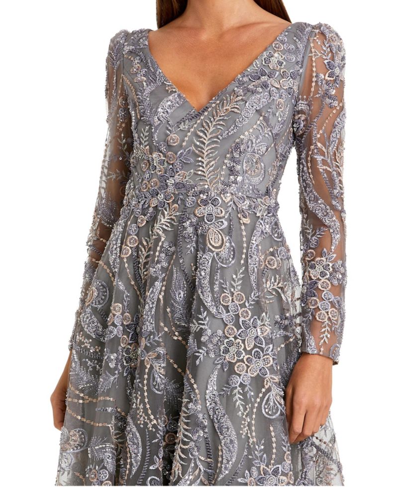 Women's Floral Embroidered Long Sleeve V Neck Midi Dress