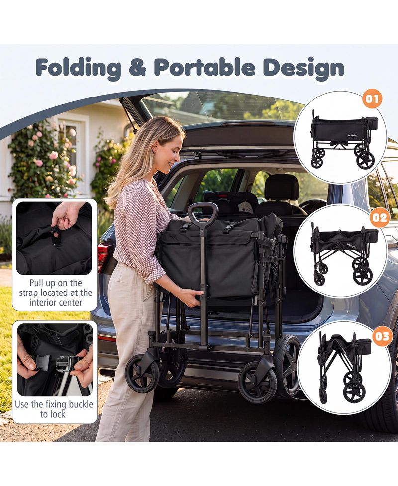 Foldable Wagon Stroller for 4 Kids with Removable Canopy