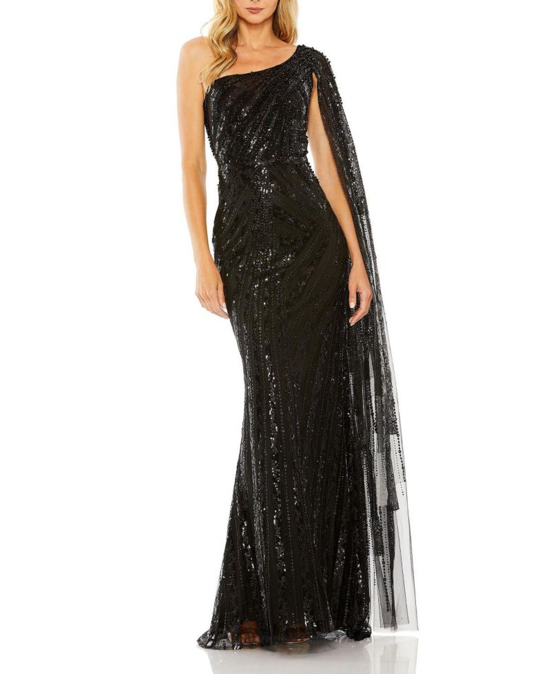Women's One Shoulder Cape Sleeve Embellished Gown