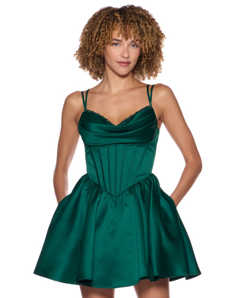 Juniors' Corseted Drape Neck Stone Detail Satin Mini Dress