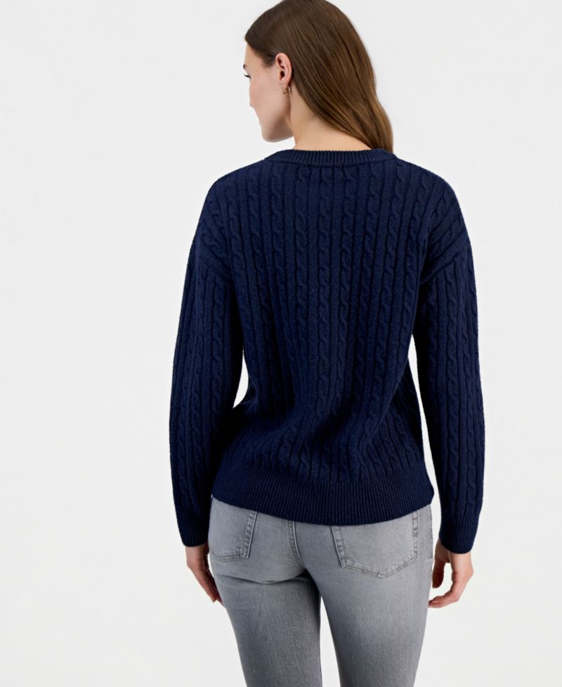 Juniors' Novelty Bear Cable-Knit Long-Sleeve Sweater