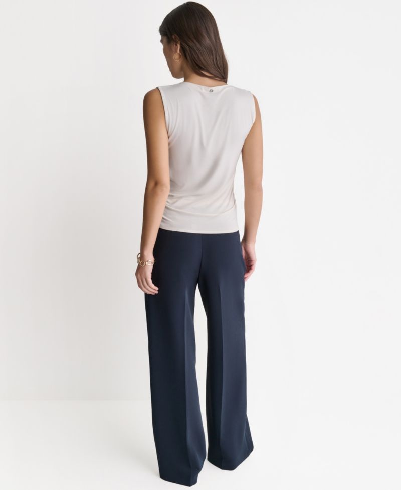 Women's Ruched Side Boat Neck Sleeveless Knit Top