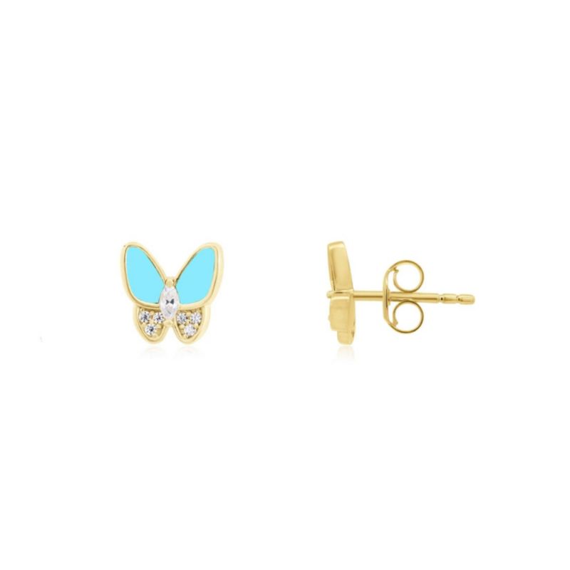 Turquoise CZ Butterfly Stud Earrings 14K Gold-Plated Sterling Silver