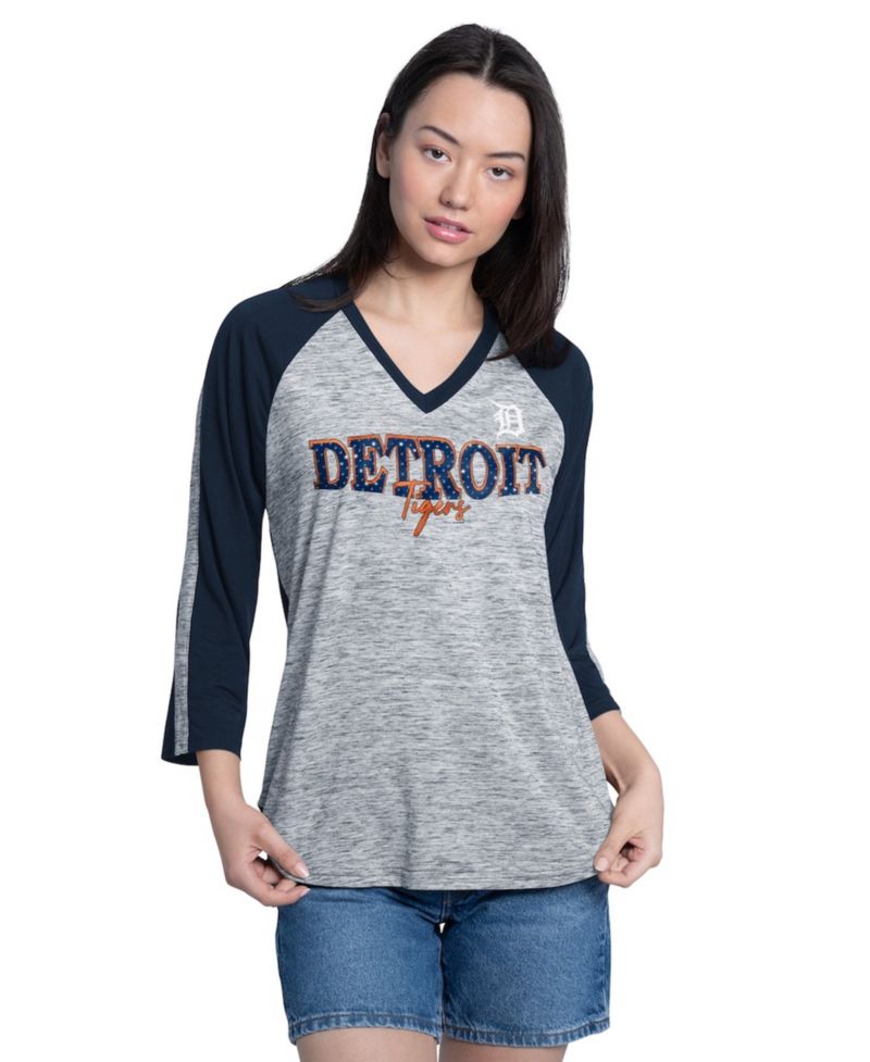 Women's Navy/Heather Navy Detroit Tigers Speed Training 3/4-Sleeve Rhinestone V-Neck T-Shirt
