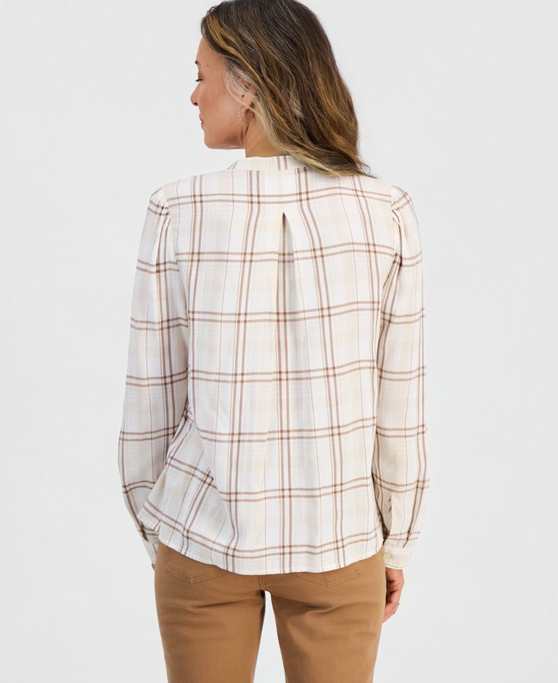 Petite Long-Sleeve Plaid Band-Collar Button-Up Blouse