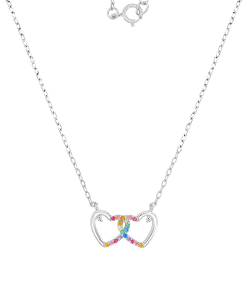 Multicolor Cubic Zirconia Interlocking Hearts Pendant Necklace in Sterling Silver 18"