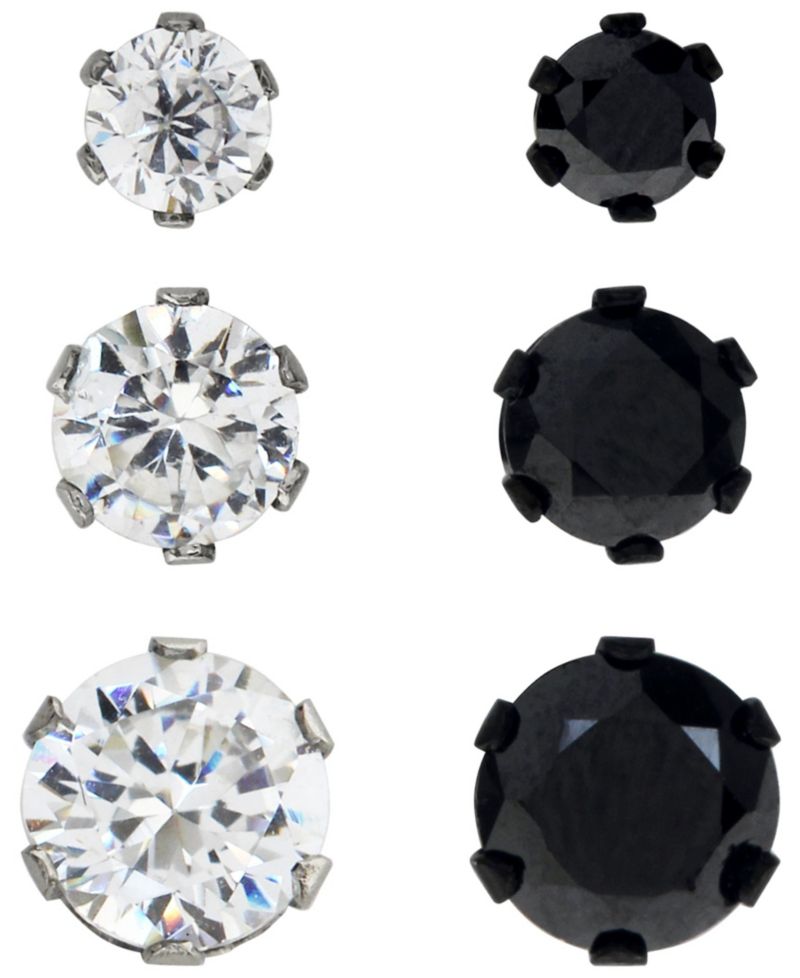 Sutton Stainless Steel Two-Tone Cubic Zirconia Stud Earrings Set Of 3 Pairs