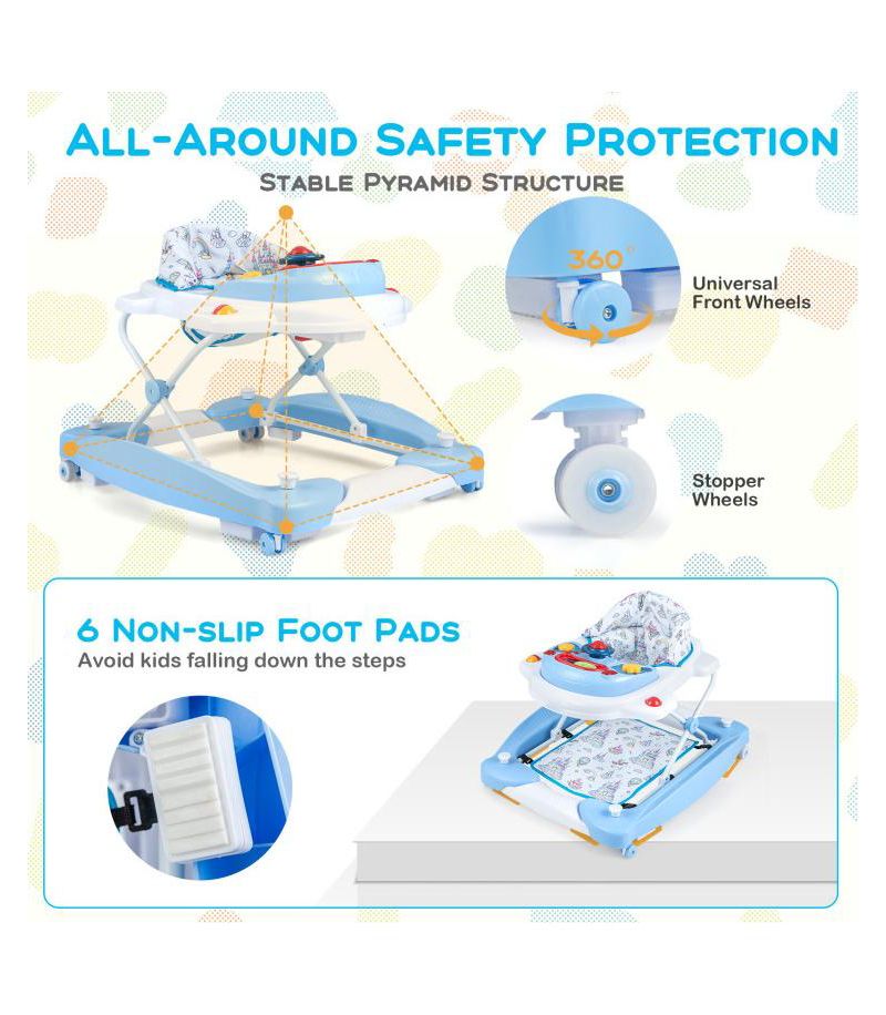 Foldable 6 in 1 Baby Walker with Adjustable Height for Infant Mobility and Play