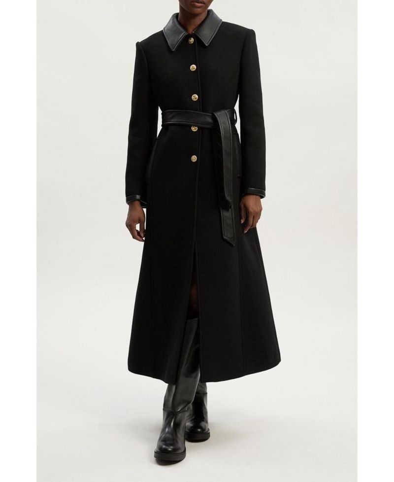 Women's Wool Pu Mix Belted Tailored Maxi Coat