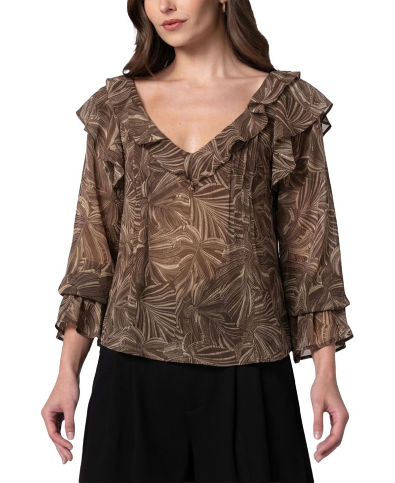 Women's Long-Sleeve Double-Ruffle V-Neck Blouse