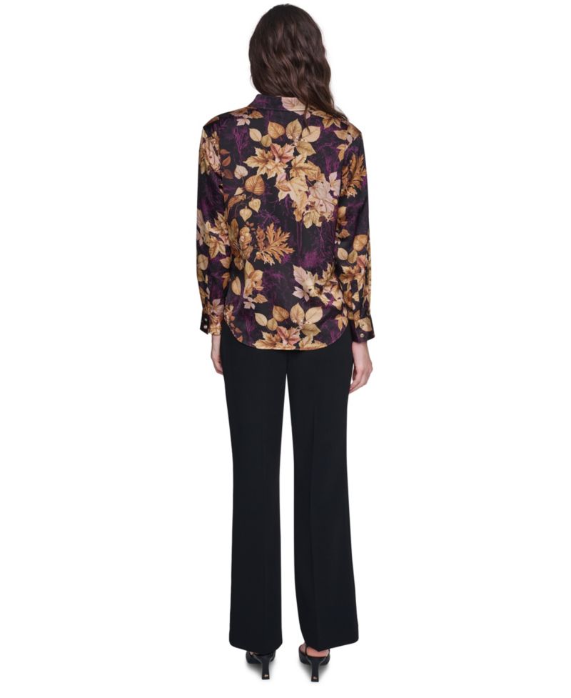 Petite Floral Printed Long-Sleeve Satin Blouse