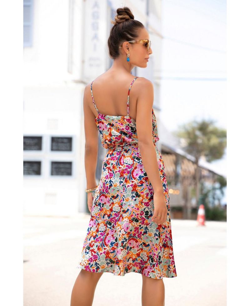 Women's Printed Satin Tie Waist V-Neck Elastic-Waist Midi Dress