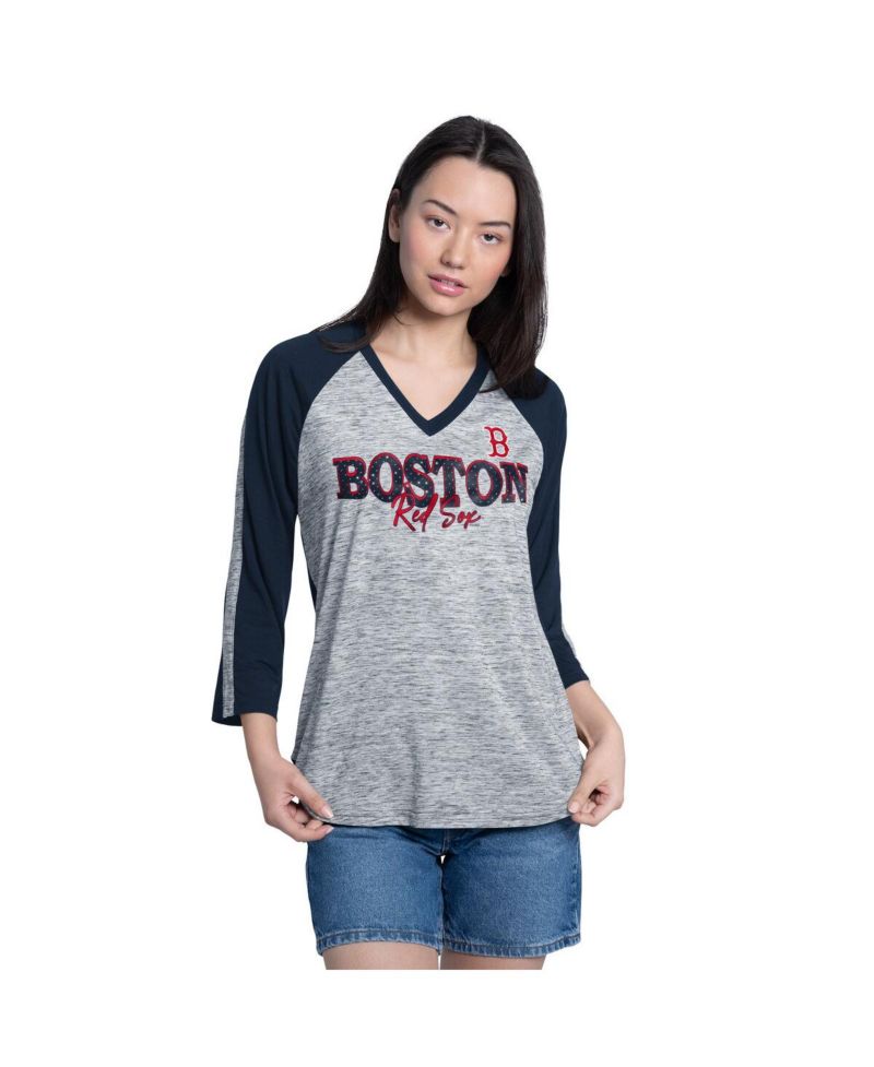 Women's Navy/Heather Navy Boston Red Sox Speed Training 3/4-Sleeve Rhinestone V-Neck T-Shirt