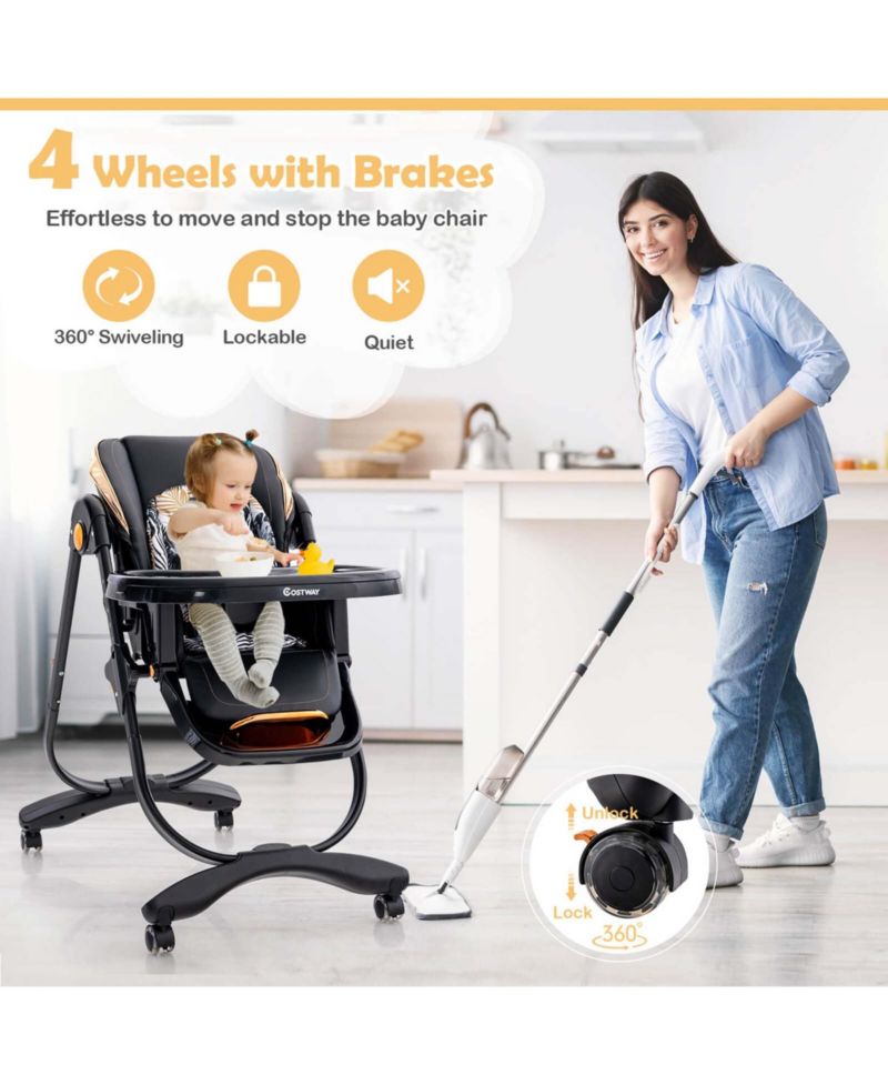 Baby High Chair with Wheel Folding Baby Dining Adjustable Height