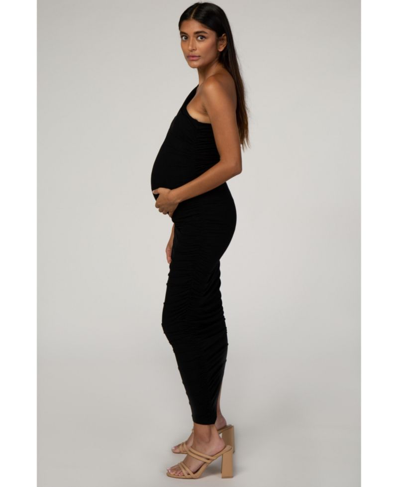 Women's Black Ruched One Shoulder Dress