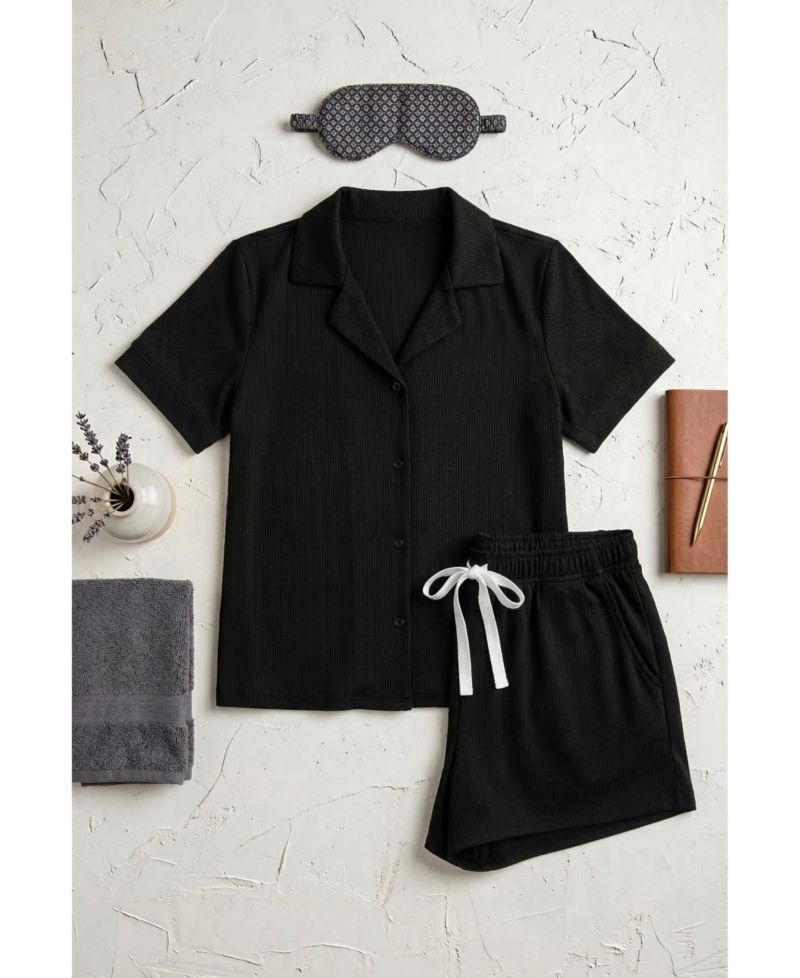 Women's Yummy Ribbed Jersey-Knit Notch Collar Button-Up Top and Shorts Pajama Set
