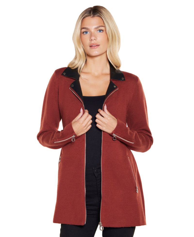 Black Label Women's Faux-Leather Collared Sweater Jacket