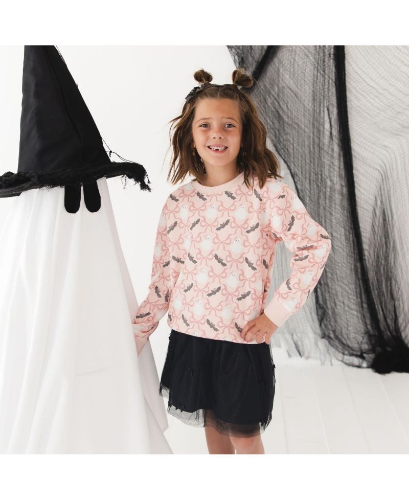 Little Girls ( 5 to 8 ) Bat And Ghost Trellis Halloween Sweatshirt