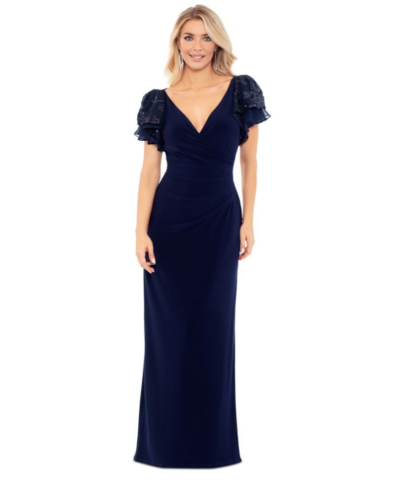 Petite Sequin-Sleeve Surplice-Neck Gown