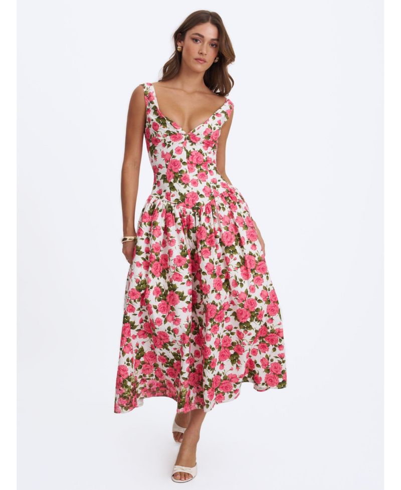 Women Wilfreda Blooming Pink Floral Linen Sweetheart Midi Dress