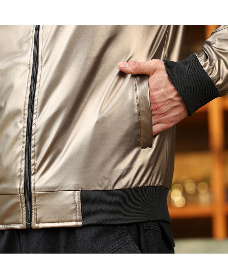 Men's Antique Bronze Patent-Panel Bomber Jacket