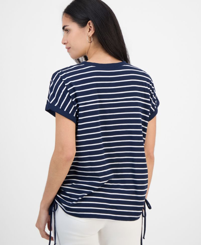 Petite Striped Ruched-Side V-Neck Top
