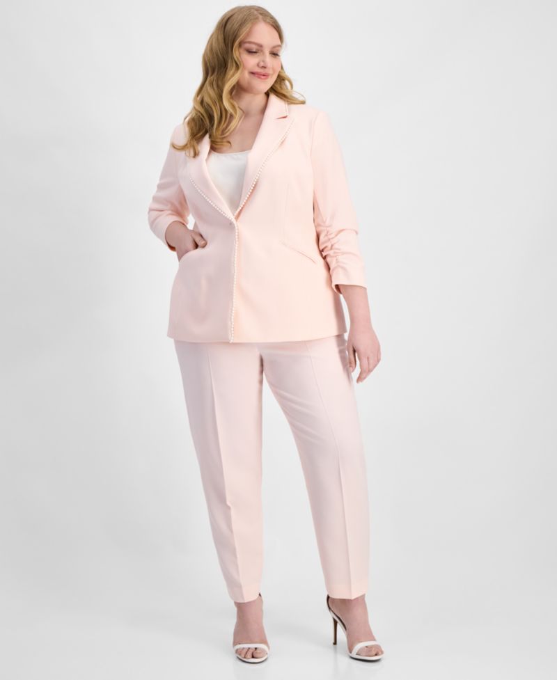 ASL Plus Size Faux-Pearl-Trim Ruched-Sleeve Blazer