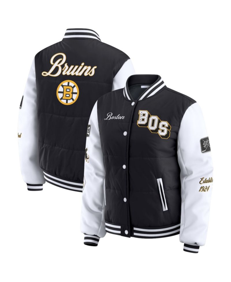 Women's Black/White Boston Bruins Varsity Full-Snap Puffer Jacket