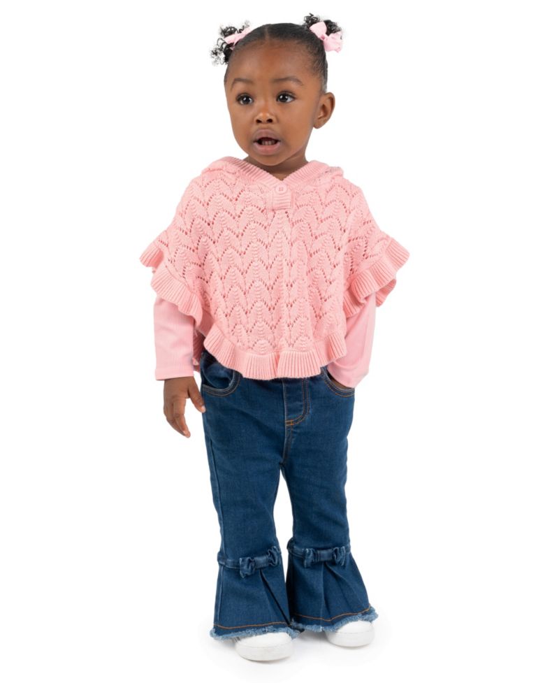 Baby Girls' Poncho Long-Sleeve Sweater and Denim Pants, 2-Piece Set