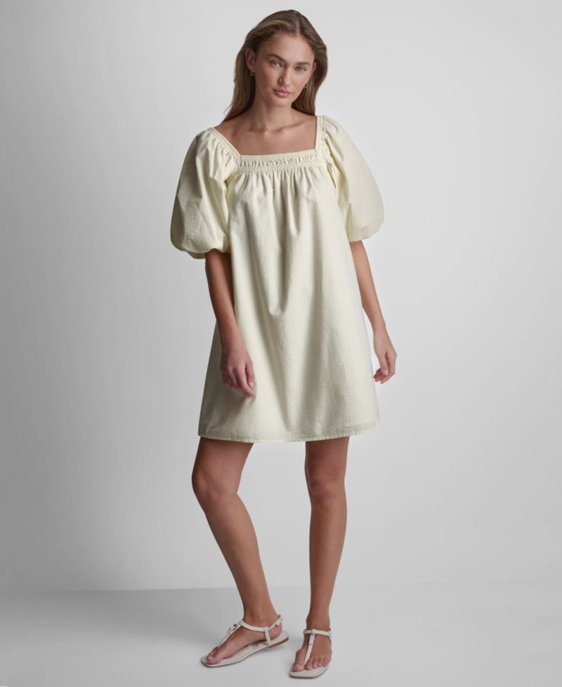 Women's Half Puff-Sleeve Seersucker Mini Dress with Square Neckline