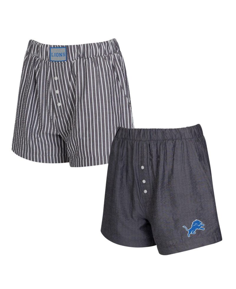 Women's 2-Pack Charcoal Detroit Lions Stripes and Solids Boxer Shorts Set
