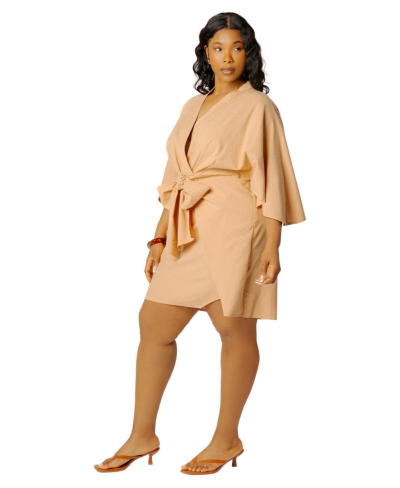 Plus Size Mini Wrap Surplice V-Neck Linen-Blend Dress