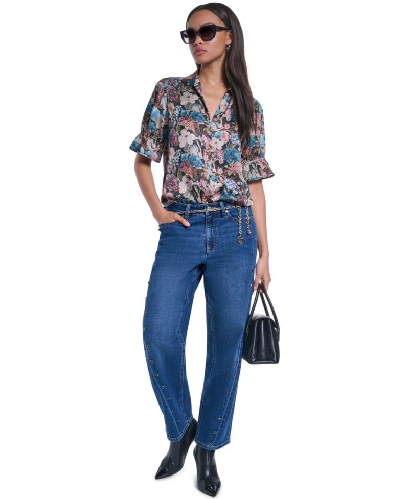 Women's Floral Brocade Print 3/4-Sleeve Button-Up Blouse