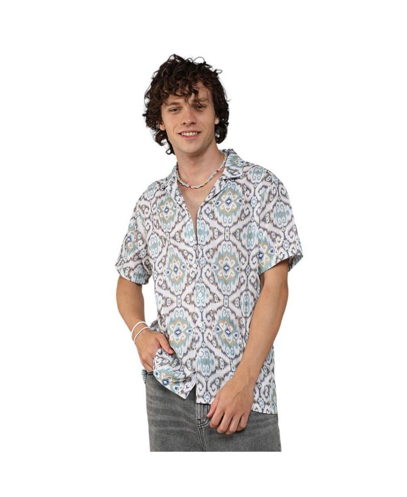 Men's Ivory White & Sage Green Ikkat Shirt